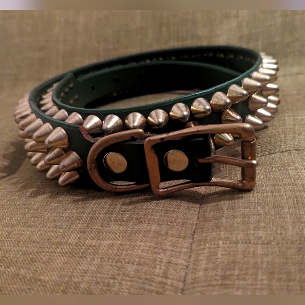 Green leather belt with gold spikes
